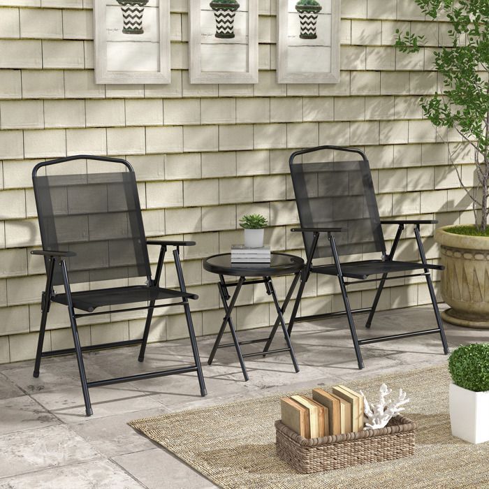 3-teiliges Gartenbistro-Set: 2 Stühle + runder Couchtisch mit Tischplatte aus gehärtetem Glas, klappbarem, epoxidbeschichtetem Metallgestell und Gitterrost
