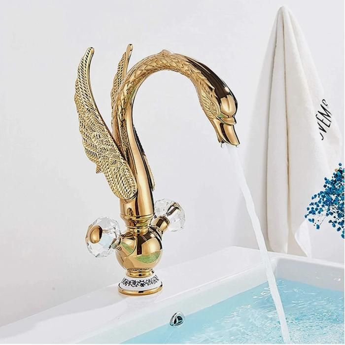 Grifo de lavabo dorado, grifo mezclador de latón para lavabo, diseño en forma de pájaro, grifo mezclador de agua caliente ajustable para baño.