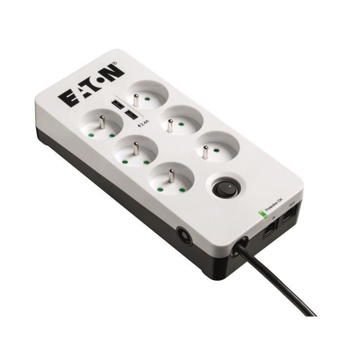 Régua de Tomadas/Protetor contra Surtos - EATON Protection Box 6 Tel USB FR - PB6TUF - 6 tomadas francesas + 1 tomada telefônica/RJ + 2 portas USB - Branco e Preto