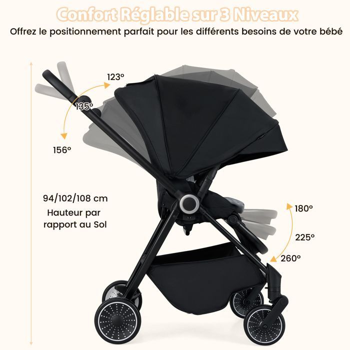 COSTWAY Foldable Baby Stroller with Reversible Seat & Reclining Backrest, Lower Basket, 5-Point Harness, 15 kg, Black
