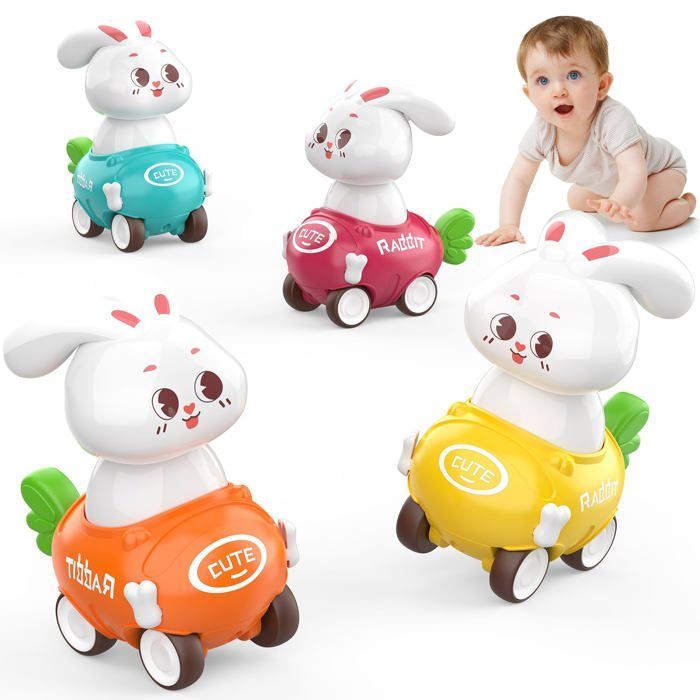 Rabbit Car Toy for Children Ages 1, 2, and 3 - Set of 4 Push-Along Vehicles - Educational Gift for Girls and Boys