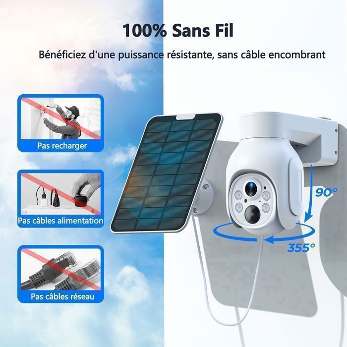 Kit de câmera de segurança externa sem fio CAMCAMP 4MP com Wi-Fi, bateria solar, 10 canais, NVR, classificação IP66, visão noturna e áudio bidirecional.