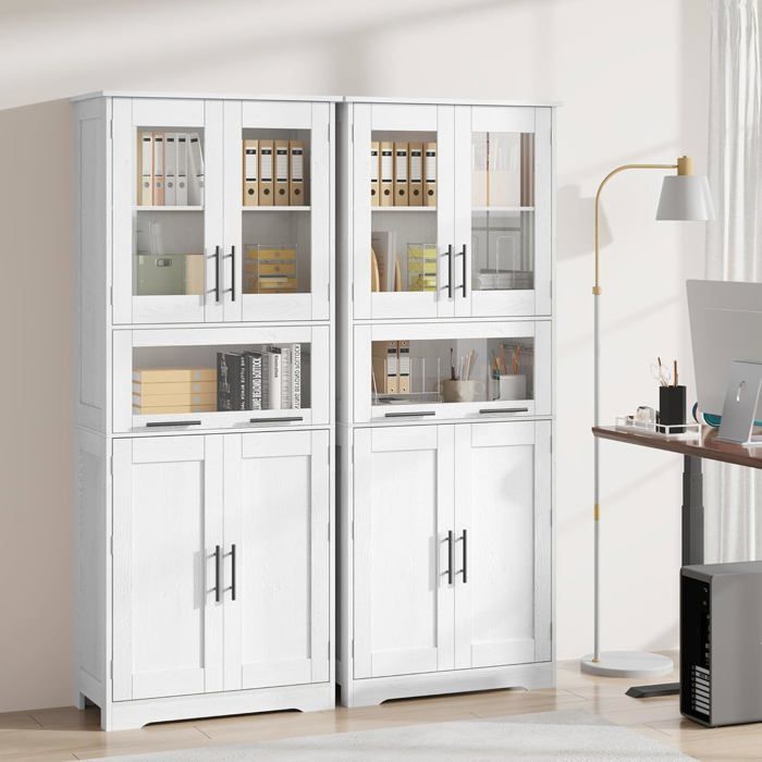 Tall storage cabinet - LUNSY - 60x30x170 cm - White - Four cupboards with doors - Large sliding drawer