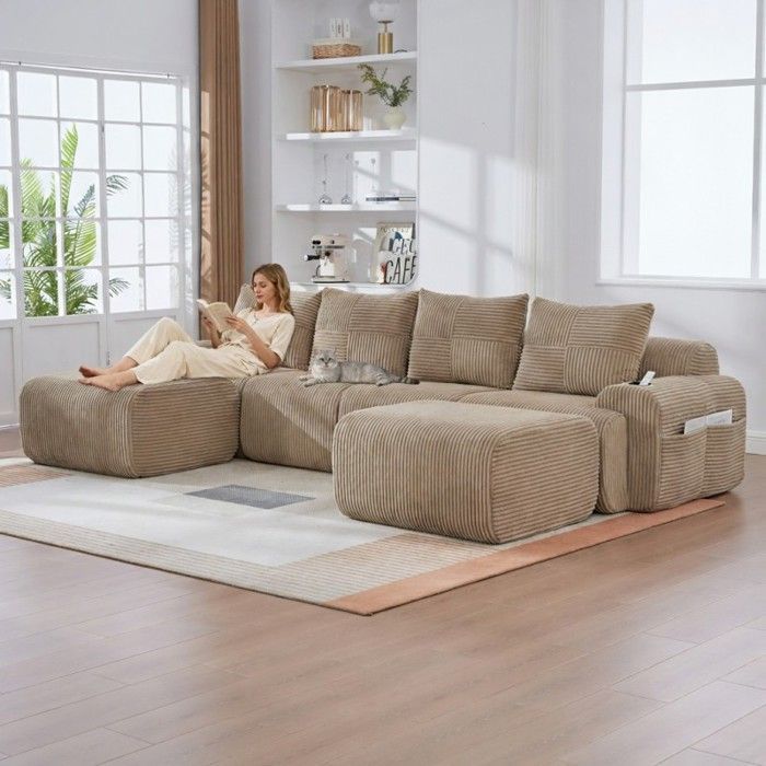 Modulaire bank - LANGTU - 4-zits corduroy, kaki - 333x174x80 cm - Bekerhouder & opbergvak - 2 voetenbankjes