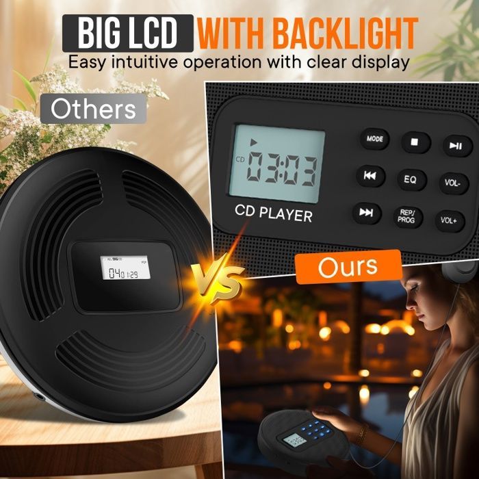 Lettore CD, schermo LCD, USB, qualità audio HD, portatile, adatto a vari scenari, nero