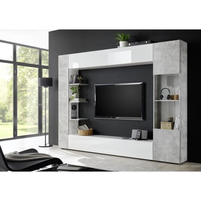 SIENNA tv-wandmeubel - Wit gelakt en beton - B295 x D30 x H187 cm