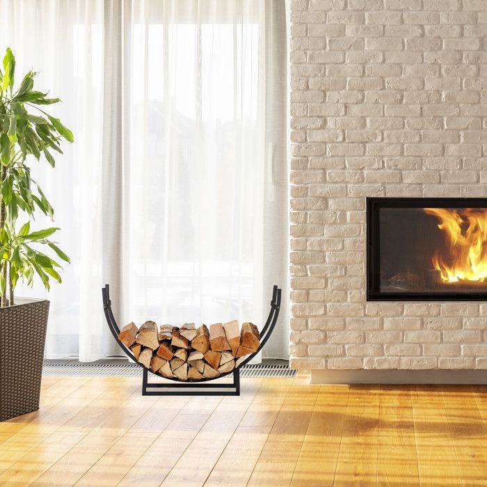 Relaxdays Etagère de Cheminée, Range bûches demi-rond, Bois, acier, étagère demi-lune, HxlxP: 55x92x21 cm, noir