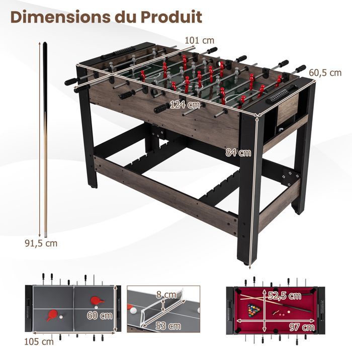 COSTWAY 3-in-1 draaibare multi-speltafel - tafelvoetbal, biljart en tafeltennis - 124 x 60,5 x 84 cm - Antislip handgrepen - Geschikt voor kinderen vanaf 8 jaar