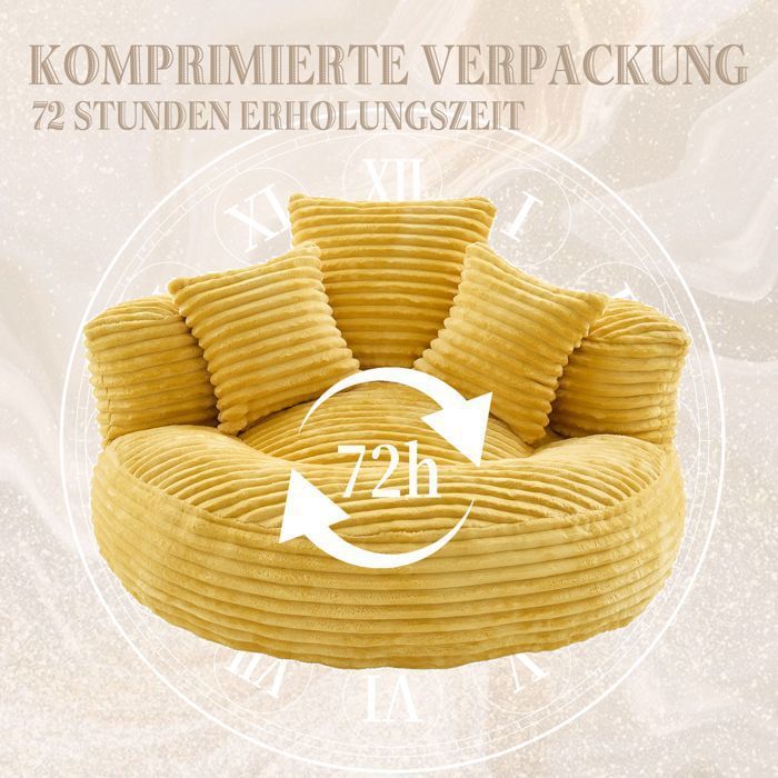Comoda poltrona a sacco con tre cuscini, 108 x 108 x 52 cm. Divano relax per soggiorno e camera da letto. Poltrona in velluto a coste. Colore giallo.