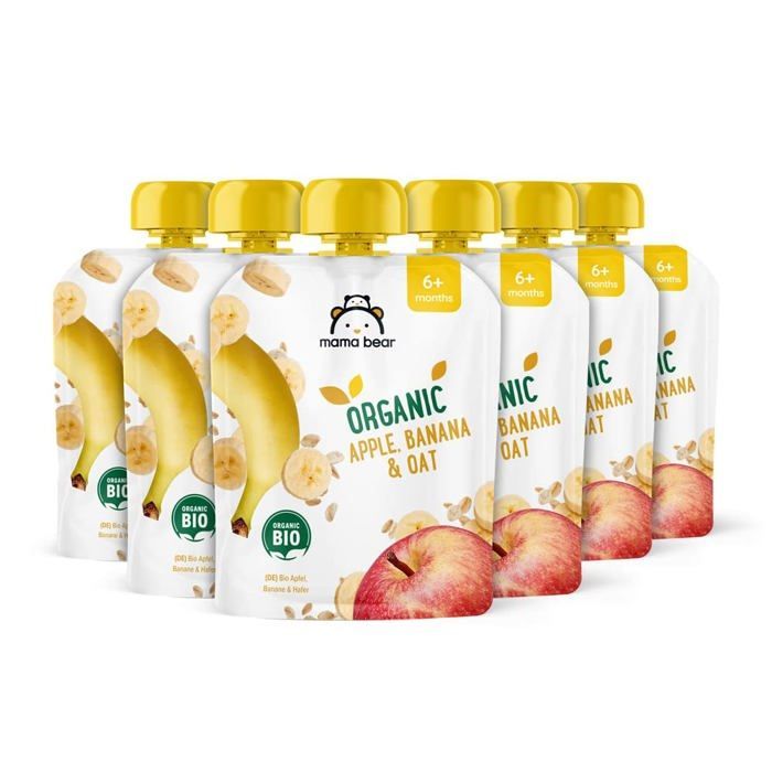 Postres de frutas Mama Bear - 52677 - Marca Amazon - Puré de manzana, plátano y avena, vegetariano, 90 g (paquete de 6)