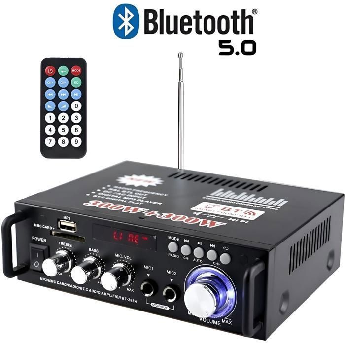 Amplificador HiFi, Bluetooth 5.0, micrófonos duales, 2 canales, múltiples interfaces, con control remoto, negro.