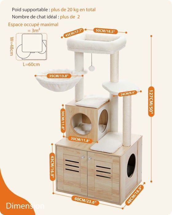 Árvore para gatos PAWZ Road Stable em madeira maciça, plataforma grande, casinha profunda, almofada removível, rede suspensa grande, 127 cm, bege