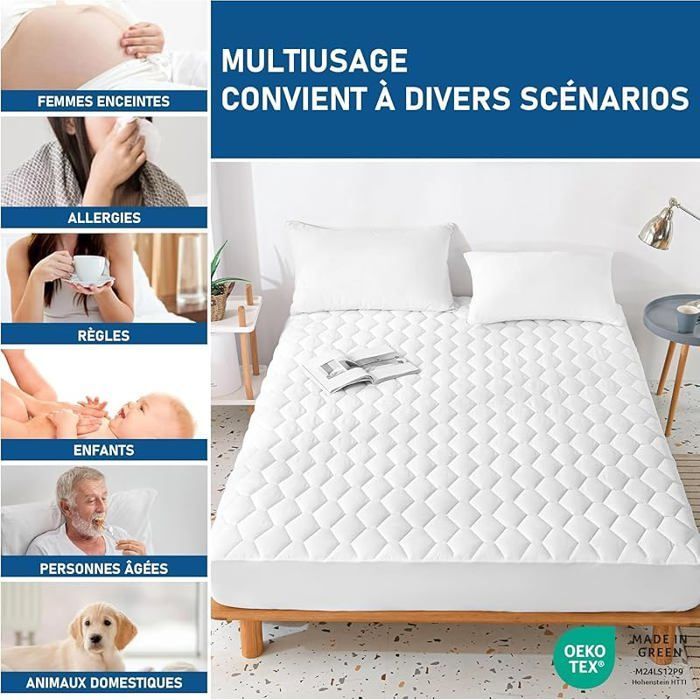 Protège-matelas 160x190 cm matelassé, certifié Oeko-TEX, imperméable, respirant - pour lit double Multicolore SUR-MATELAS
