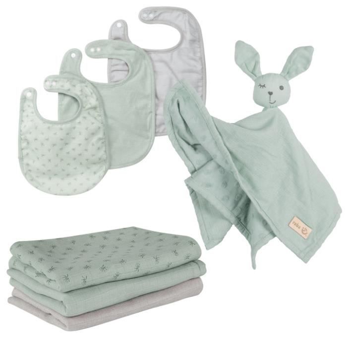 ROBA Lil Planet Baby Set de Regalo - 7 Piezas - 3 Baberos + 1 Mantita de Peluche + 3 Pañuelos de Muselina - Regalo para Recién Nacido - Verde Escarchado / Gris