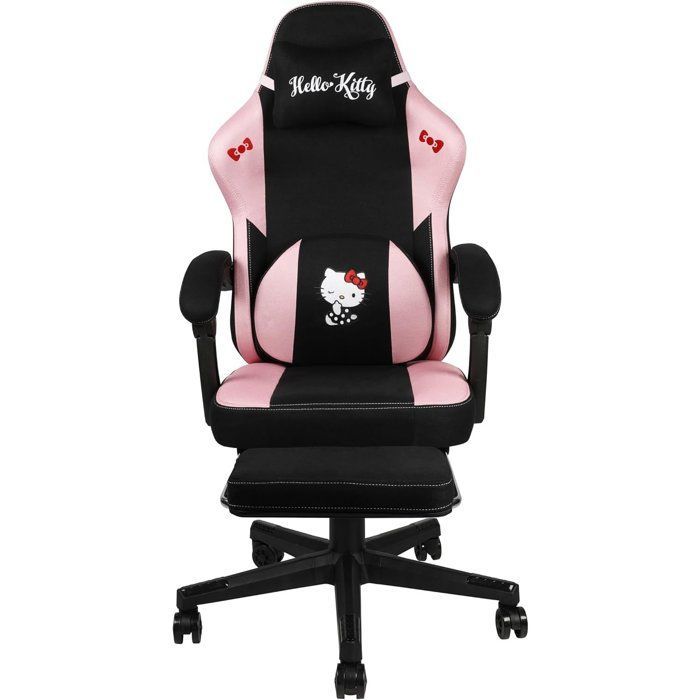 Chaise de Bureau Gaming - KONIX - Hello Kitty - Inclinaison siège 150° - Revêtement Tissu - Coussin - Repose-pieds - Noir et rose