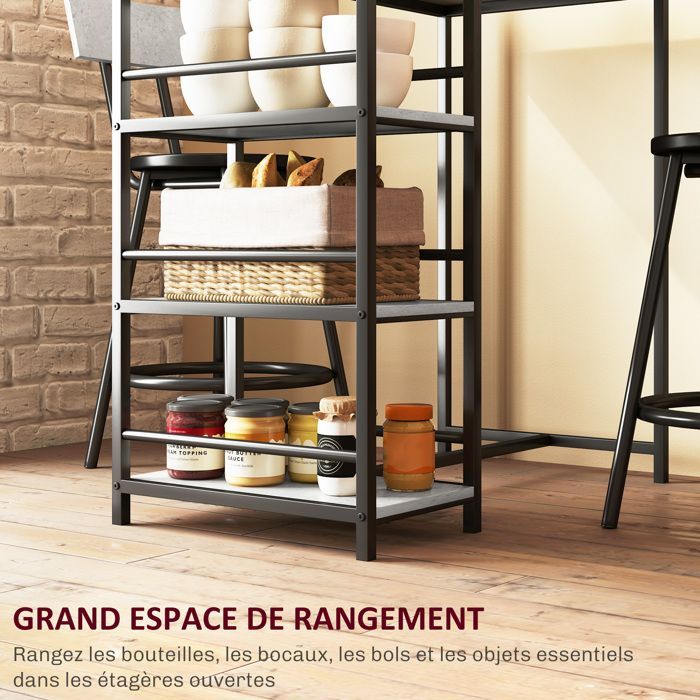Mesa de bar con 2 taburetes - HOMCOM - estantes de almacenamiento - para comedor, cocina - gris y negro