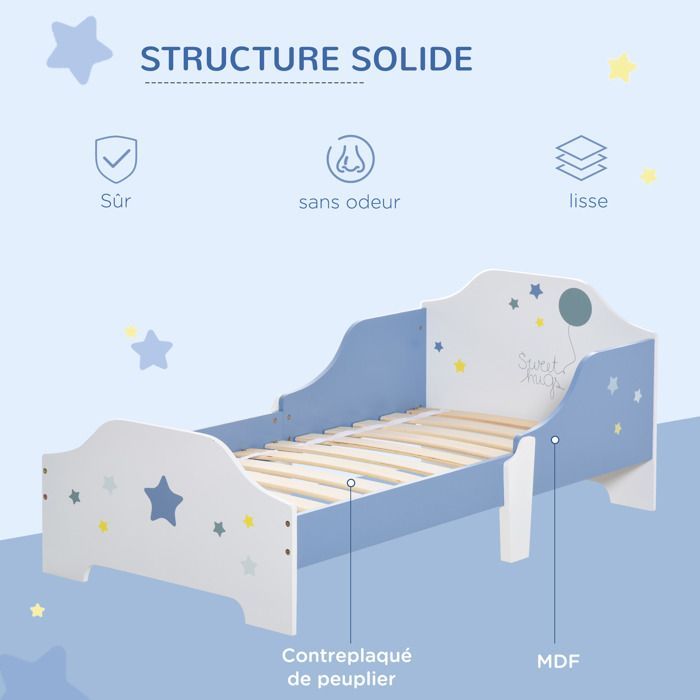 Cama infantil - HOMCOM - De 3 a 6 años - Diseño de estrellas - Base de láminas incluida - Dormitorio moderno - 143 x 74 x 59 cm - Azul y blanco