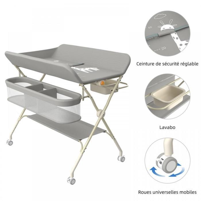 Cambiador plegable y portátil MIPAN - Con cesta de almacenamiento + 4 ruedas + cinturón de seguridad - Altura regulable - Gris