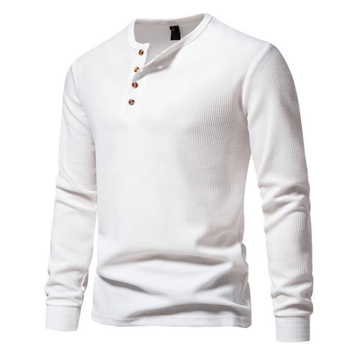 T-shirt da uomo a maniche lunghe con scollo rotondo modello Henley, bianca - INSFITY - Vestibilità regolare