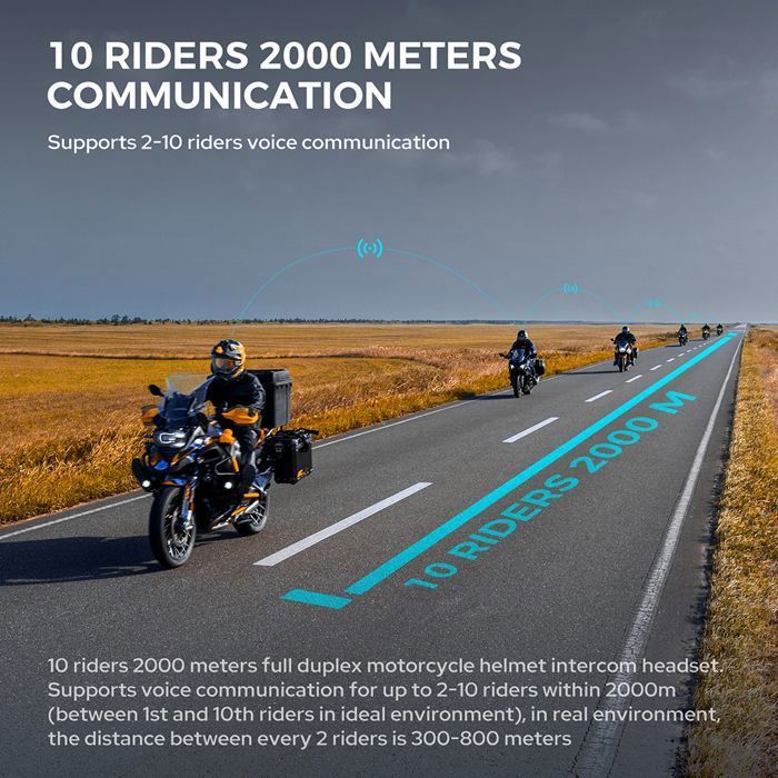 Intercomunicador para motocicleta GEARELEC, walkie-talkie inalámbrico, alcance de 2000 m, hasta 10 motociclistas, respuesta automática, resistente al agua IPX67, radio FM, GPS.