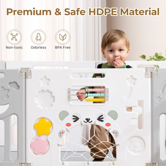 Foldable Baby Playpen with 14 Panels, 150×150 cm, Modular Plastic Baby Playpen, Baby Playpen with Door and Activity Panel