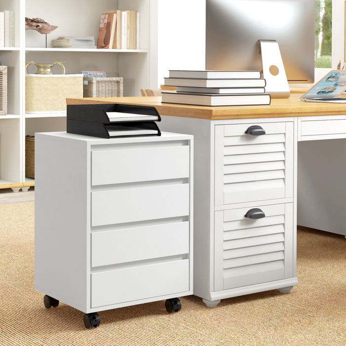 Office pedestal - HOMCOM - storage unit on casters with 4 sliding drawers - office furniture - wood - white wood finish