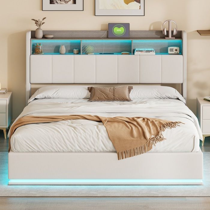 Cama doble con almacenamiento de 160 x 200 cm, base de láminas, estructura de cama, LED regulable, carga USB, blanca, terciopelo.