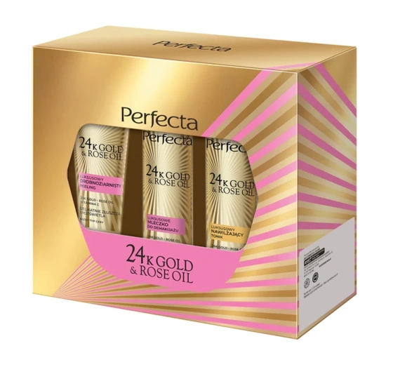 Perfecta 24k Gold & Rose Oil zestaw kosmetyków peeling   mleczko do demakijażu   tonik