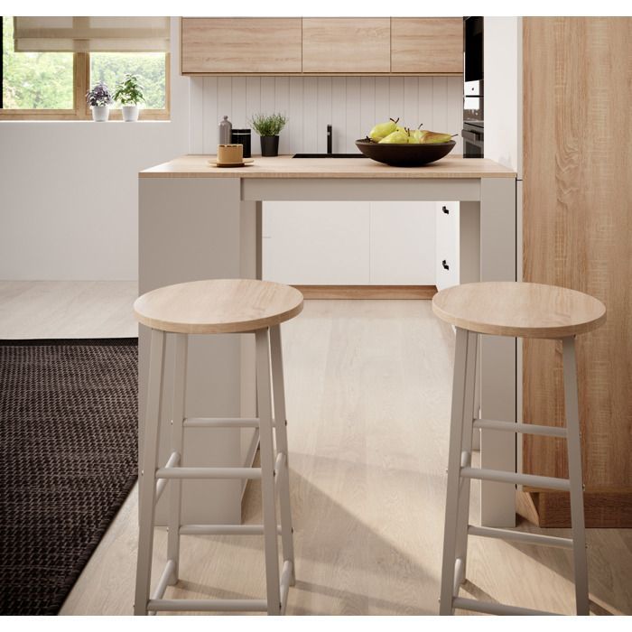 Tavolo alto da bar con due sgabelli | 110x103x50 cm | Bianco e opaco Sonoma | Tavolo da cucina con 3 ripiani | Modello Kyra