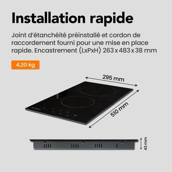 BELDEKO - Piano cottura in vetroceramica a 2 fuochi, 3000W - Timer, comandi touch