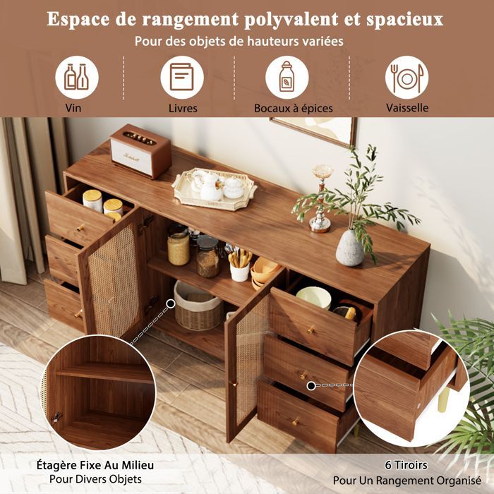 Buffet en osier, meuble de rangement avec tiroirs, buffet de salon, marron, double porte, six tiroirs, 160×40×90cm, grande capacité.