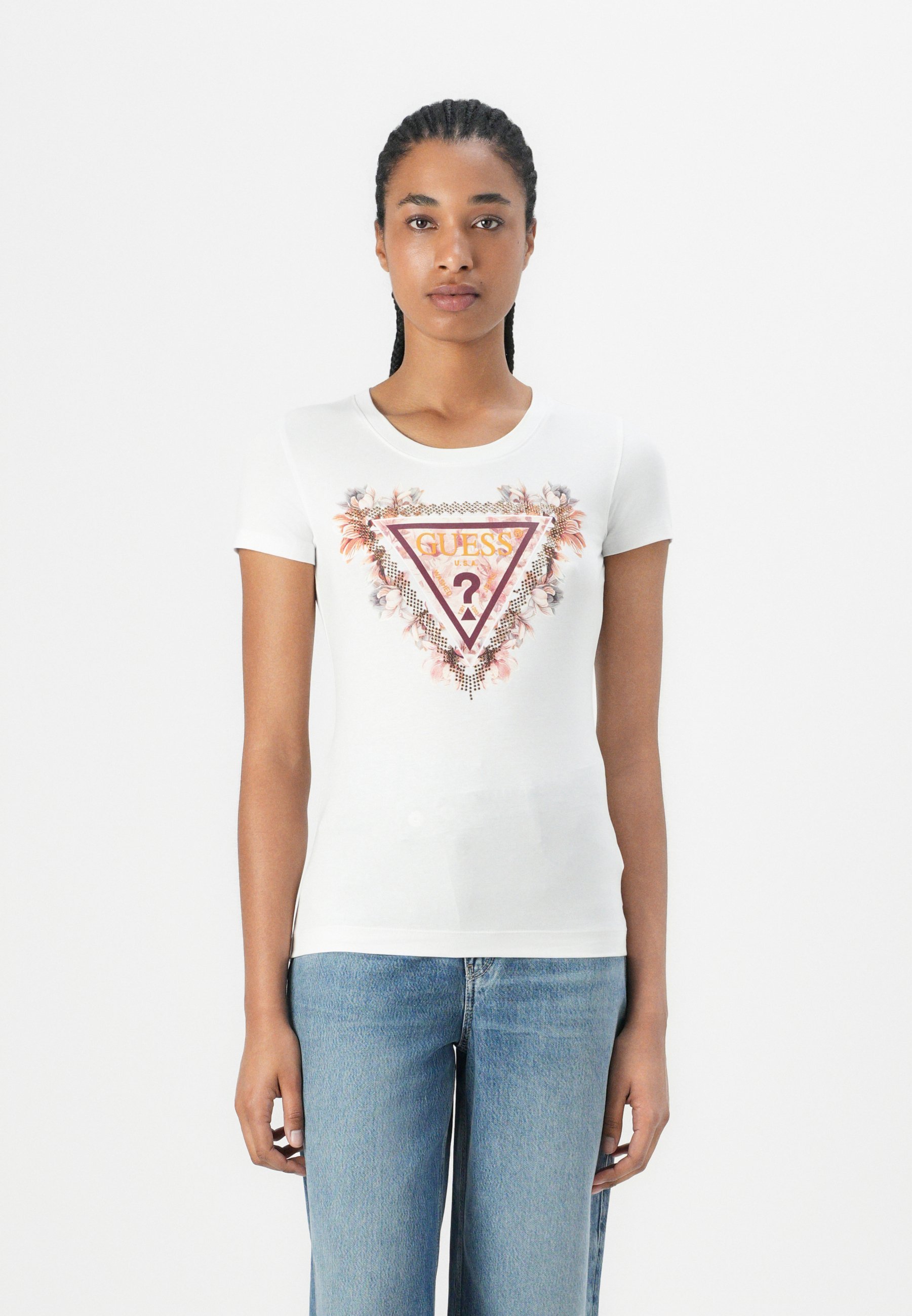 Guess TRIANGLE FLOWERS T-shirt - T-shirt met print - puur wit
