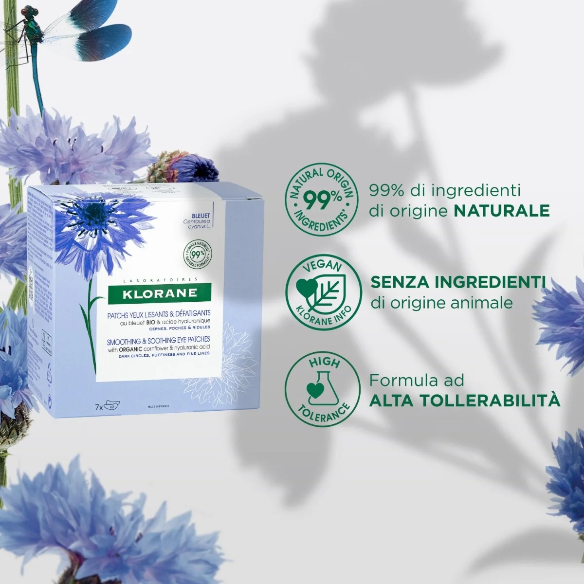Patchs contour des yeux lissants et anti-fatigue KLORANE à la fleur de bleuet, pour tous types de peau