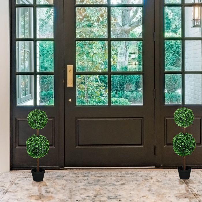 Boj artificial - HOMCOM - juego de 2 bolas dobles con tronco y maceta incluidos - decoración - plástico - altura 90 cm - verde