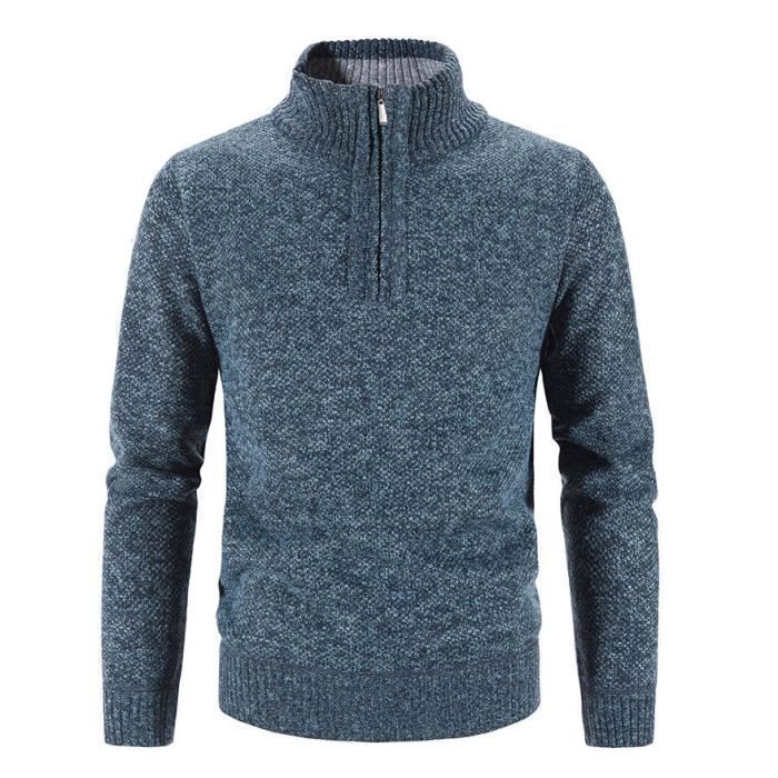 Jersey de punto para hombre - FINDPITAYA - Jersey con cremallera de 1/4 - Cuello alto - Azul