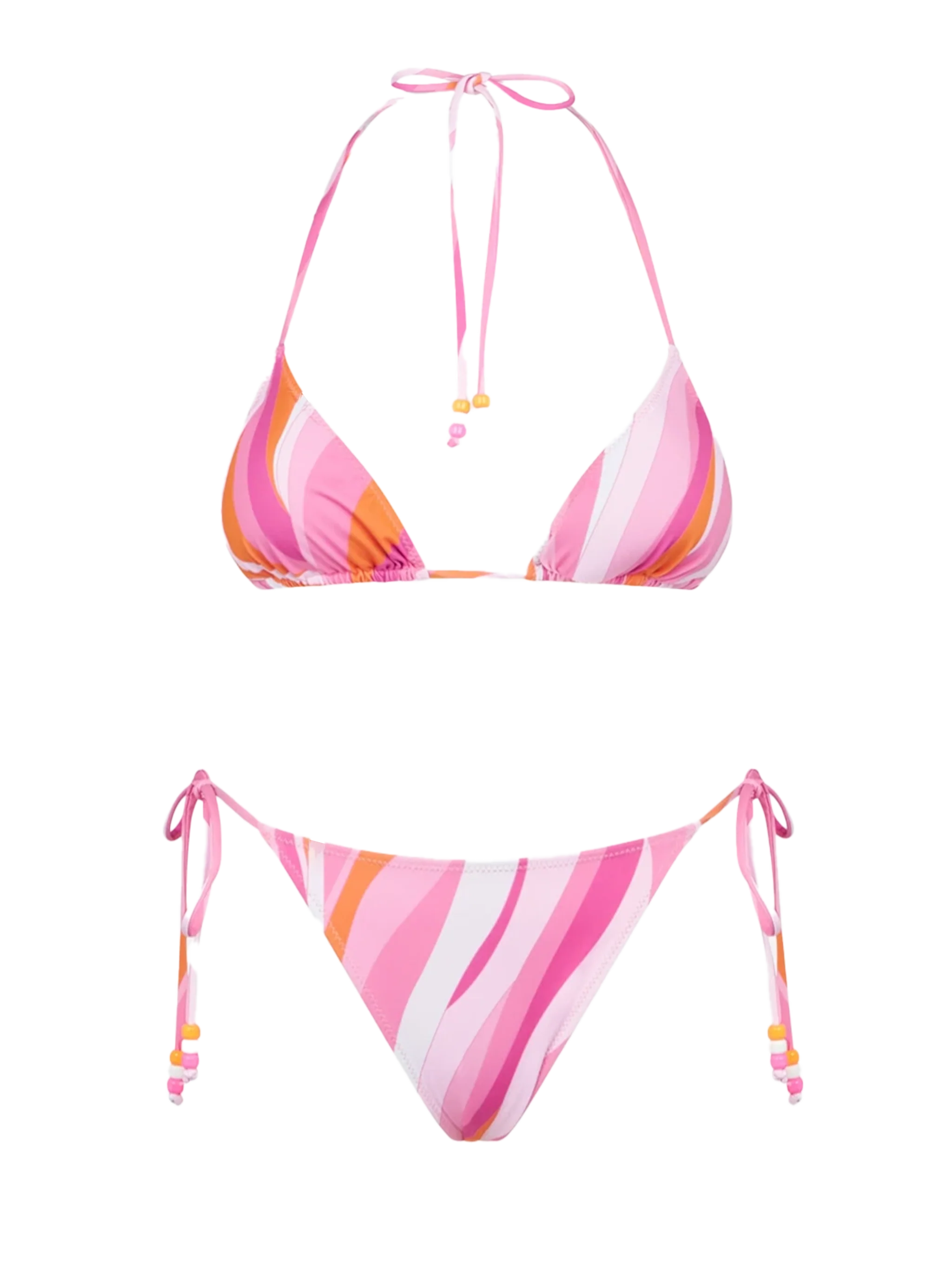 Driehoekige damesbikini met golfprint en bedeltjes.