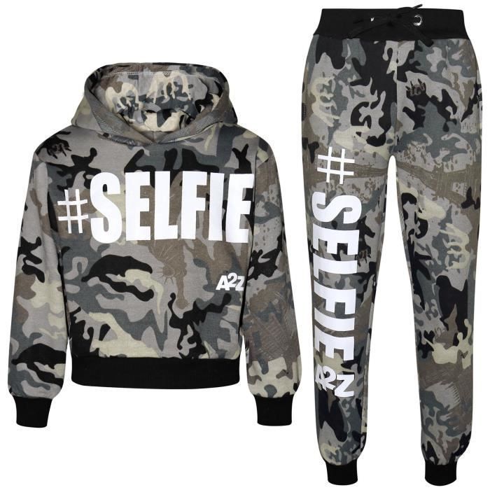 Chándal de camuflaje para niñas - Estampado Selfie - Conjunto de chándal con capucha y pantalón - Edades 5-13 - Gris