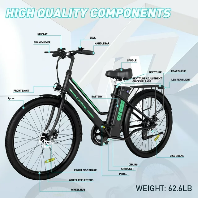 COLORWAY 26 elektrische fiets voor dames, krachtige 500W motor, verwijderbare 36V 12AH accu, maximale snelheid 32 km/u.