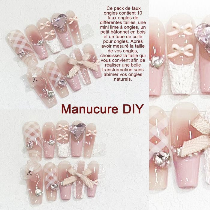 Manicure-pedicure set NOT False Nails M 10 pieces Ballerina Pink Glazed French 3D Bow Flowers Heart Pearl Press on Nails Cute Fake