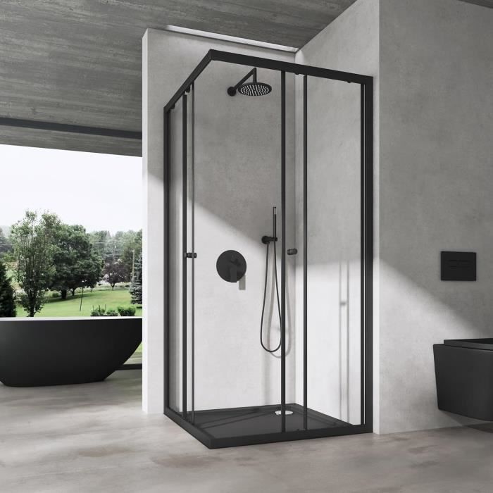 Sogood® Cabine de Douche Transparent en Angle 90x140 Paroi de Douche avec Portes Coulissantes Ravenna16K-Plus Profilé Noir