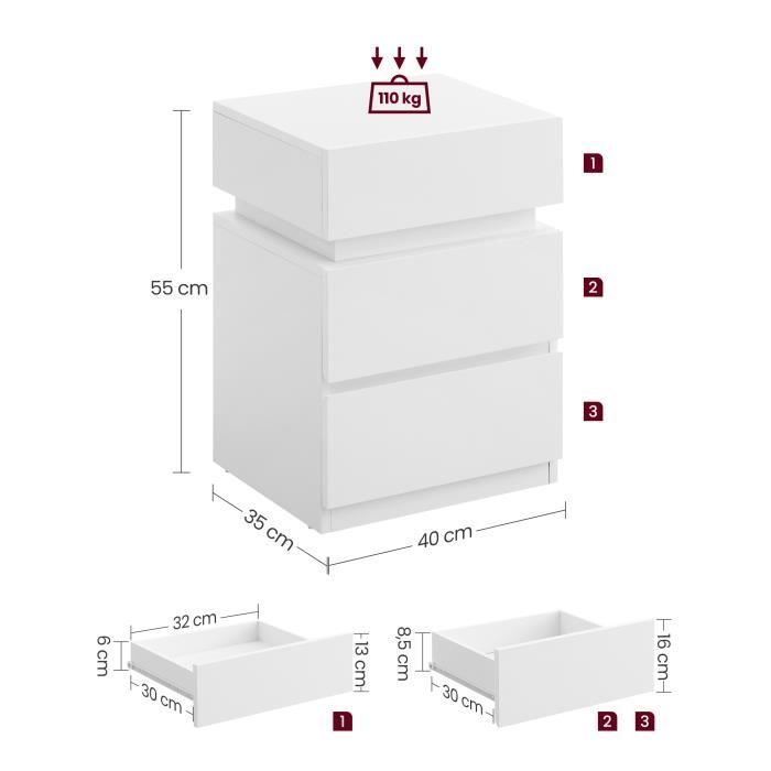 Bedside Table - VASAGLE - 3 Drawers - Adjustable Multicolor LED Strip - Modern Style