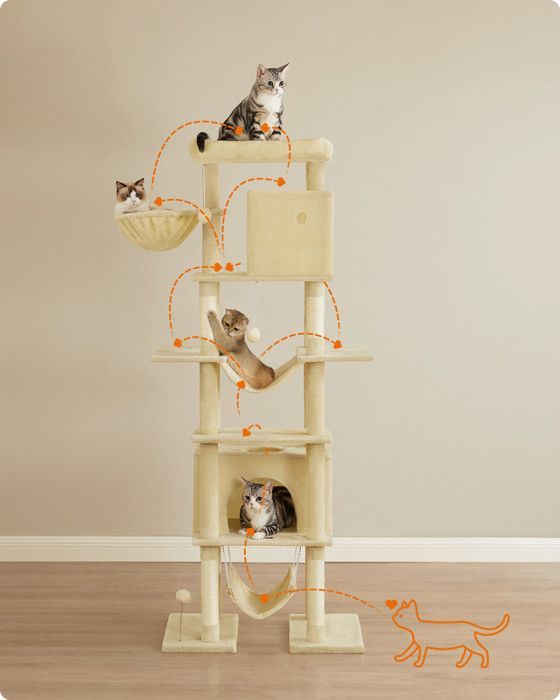 Arbre à Chat 201 cm, Taille XXL, Multi-Niveaux, 1 Plateforme, 1 Panier, 2 Niches, 2 Hamacs, Dispositif Anti-Basculement, Beige
