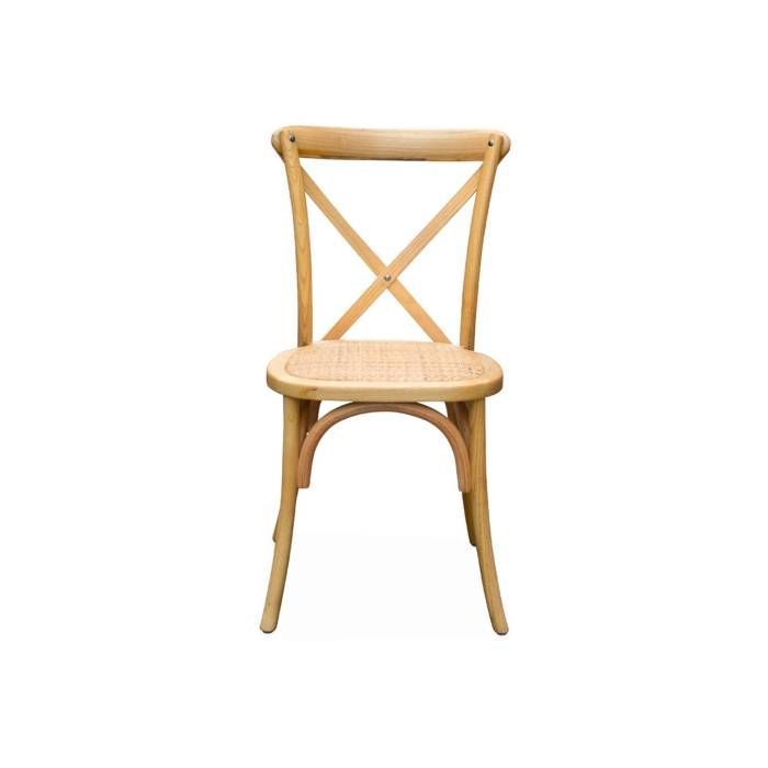 Set of 4 vintage bistro chairs in natural cedar wood. Rattan seat. Stackable.
