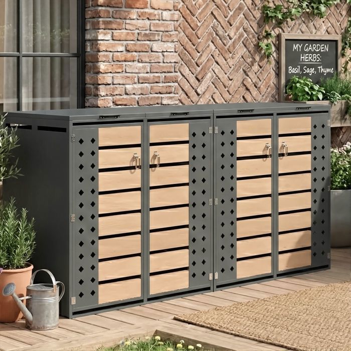 Cache-Poubelle Quadruple 132×80×118.5cm- Couvercle Hydraulique - Tri Sélectif & Verrouillable - Acier Galvanisé Bois