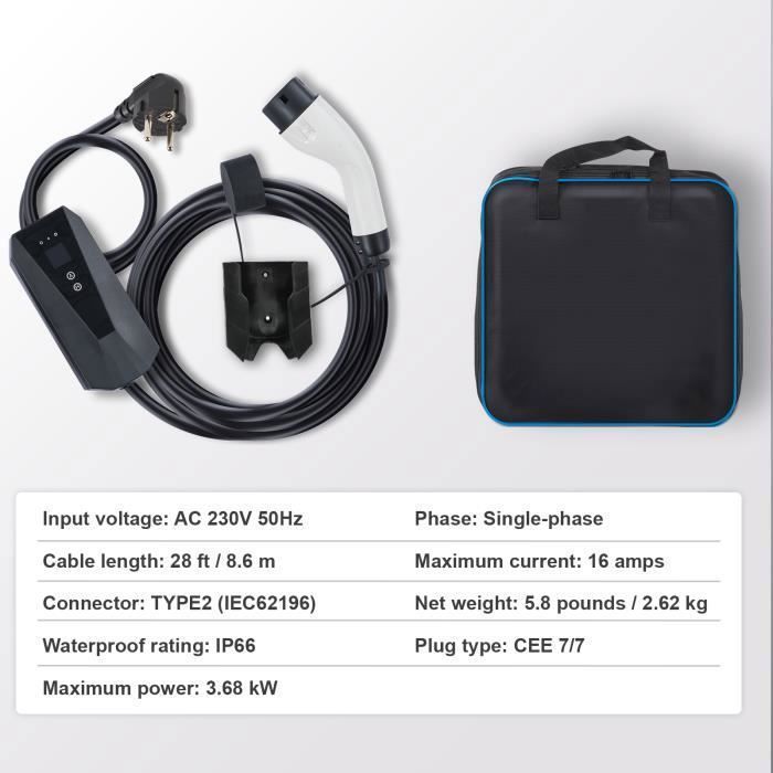 Cargador portátil para vehículos eléctricos VEVOR - Cable tipo 2 de 8,6 m, 16 A, 230 V, CEE 7-7