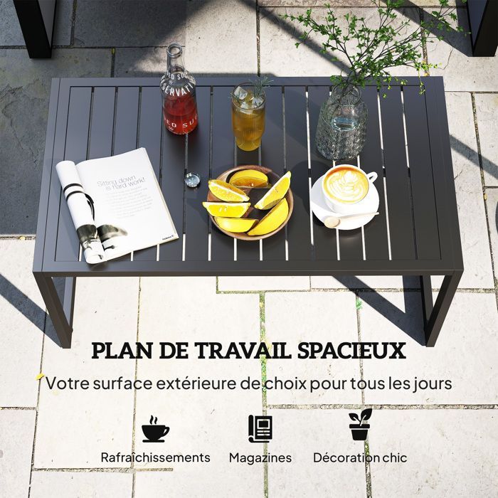 Mesa de centro para exteriores - Outsunny - tablero de listones - estructura de aluminio - para balcón, patio, terraza - 90 x 50 x 42 cm - negra