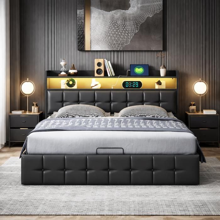 160x200cm storage bed, double bed frame with LED and USB ports, adult bed with 4 drawers, slatted base, mattress not included, PU upholstery, black