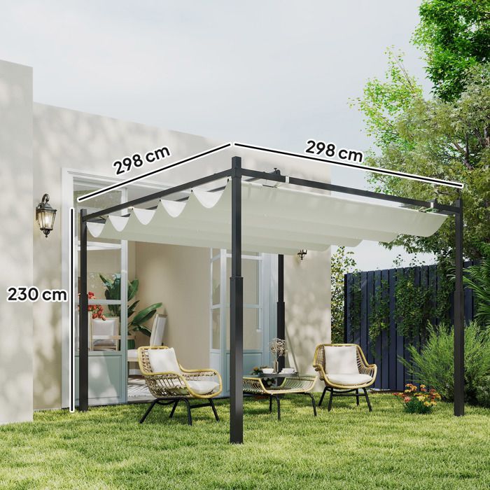 Pérgola de jardín exterior - Outsunny - 3 x 3 m - techo retráctil y fijación magnética - protección solar UPF30+ - color crema