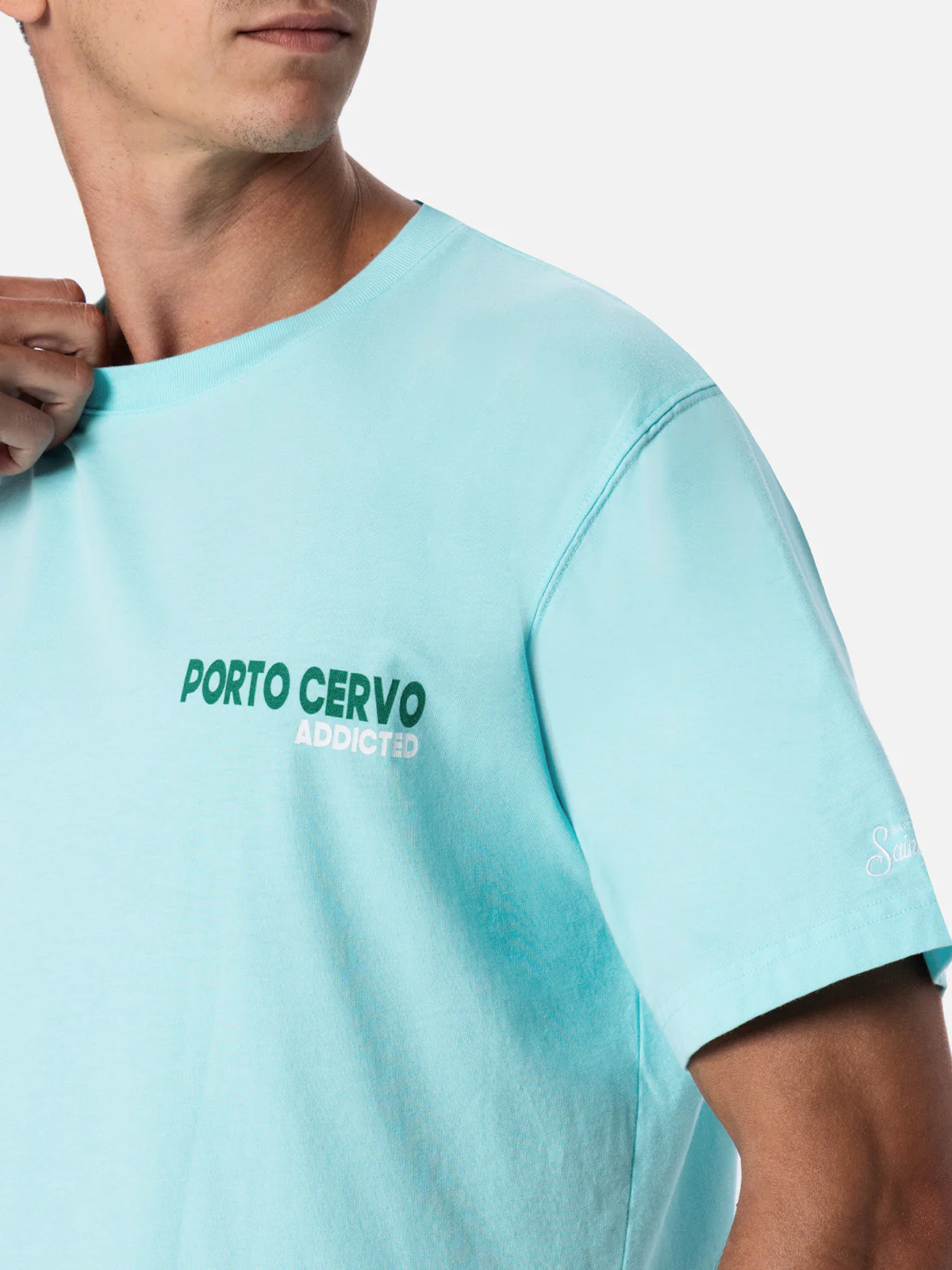 Heren katoenen T-shirt met print van een ansichtkaart van Porto Cervo