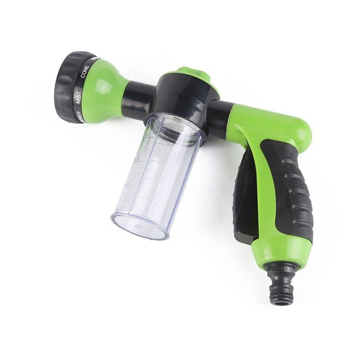 Pistola de riego verde de 8 modos - ducha de jardín con dispensador de jabón, 3 niveles de espuma, conexión de 12 mm